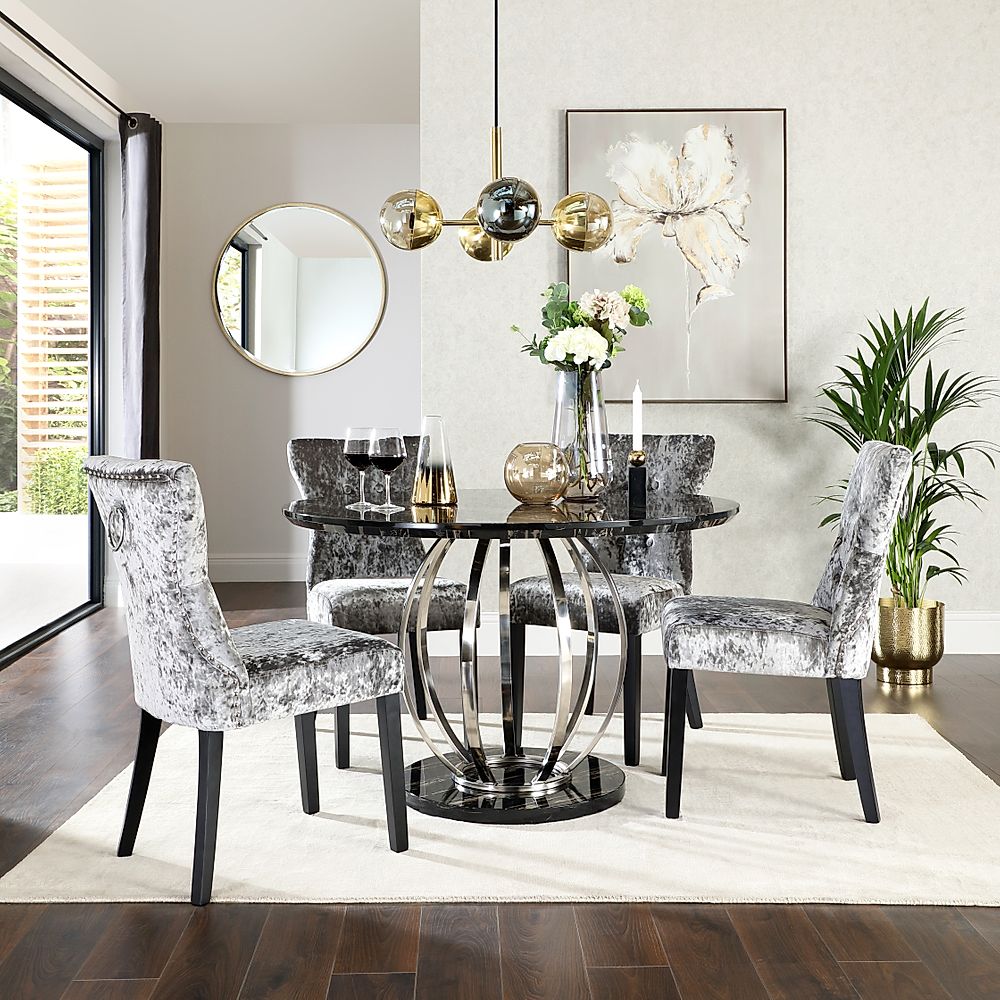 Savoy Round Dining Table & 4 Kensington Chairs, Black Marble Effect & Chrome, Silver Crushed Velvet & Black Solid Hardwood, 120cm
