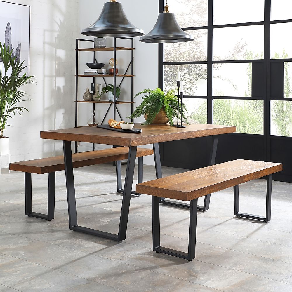 Addison Industrial Dining Table & 2 Benches, Dark Oak Veneer & Black Steel, 150cm