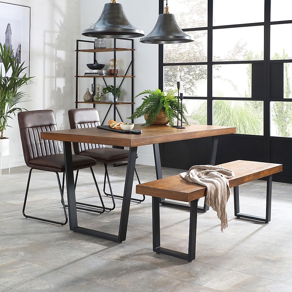 battery Home country coffee Addison 150cm Industrial Oak Dining Table and Bench with 2 Flint Vintage  Brown Leather Chairs | Furniture And Choice