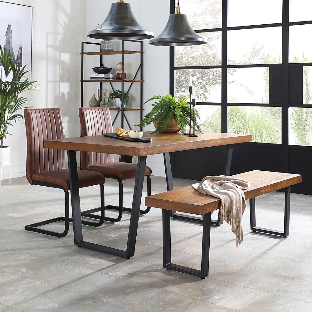 Addison Industrial Dining Table, Bench & 2 Perth Chairs, Dark Oak Veneer & Black Steel, Tan Classic Faux Leather, 150cm