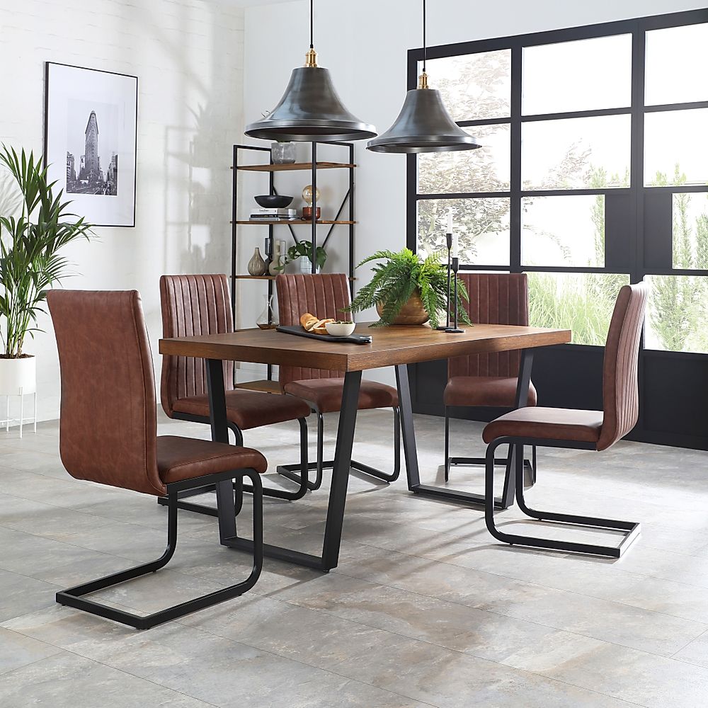 Addison Industrial Dining Table & 4 Perth Chairs, Dark Oak Veneer & Black Steel, Tan Classic Faux Leather, 150cm