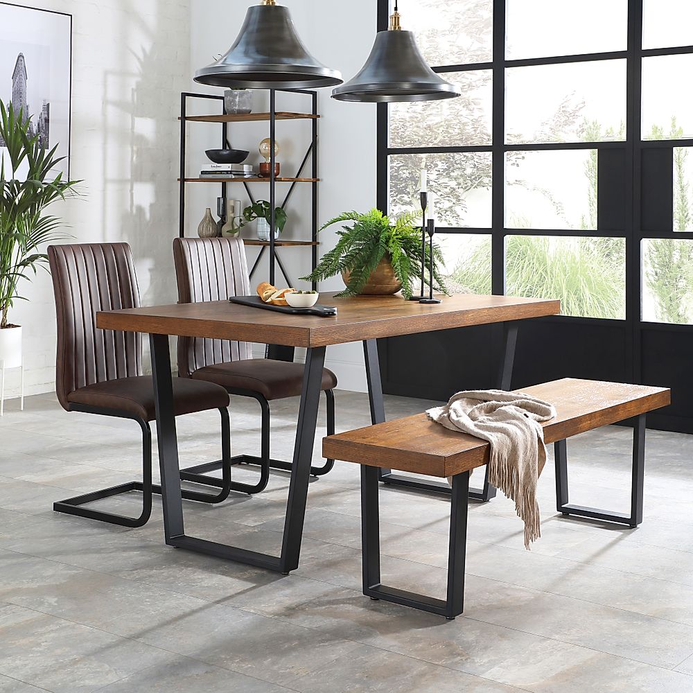 Addison Industrial Dining Table, Bench & 2 Perth Chairs, Dark Oak Veneer & Black Steel, Vintage Brown Classic Faux Leather, 150cm