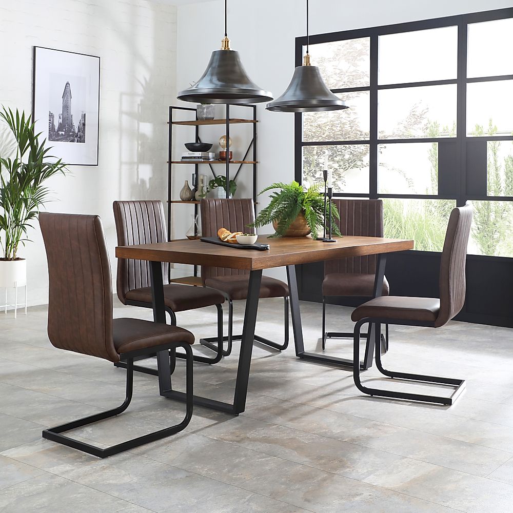 Addison Industrial Dining Table & 4 Perth Chairs, Dark Oak Veneer & Black Steel, Vintage Brown Classic Faux Leather, 150cm