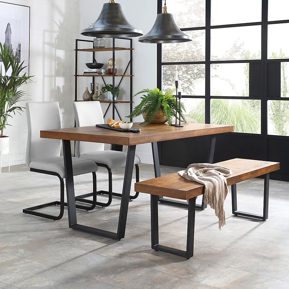 Addison Industrial Dining Table, Bench & 2 Perth Chairs, Dark Oak Veneer & Black Steel, Light Grey Classic Faux Leather, 150cm
