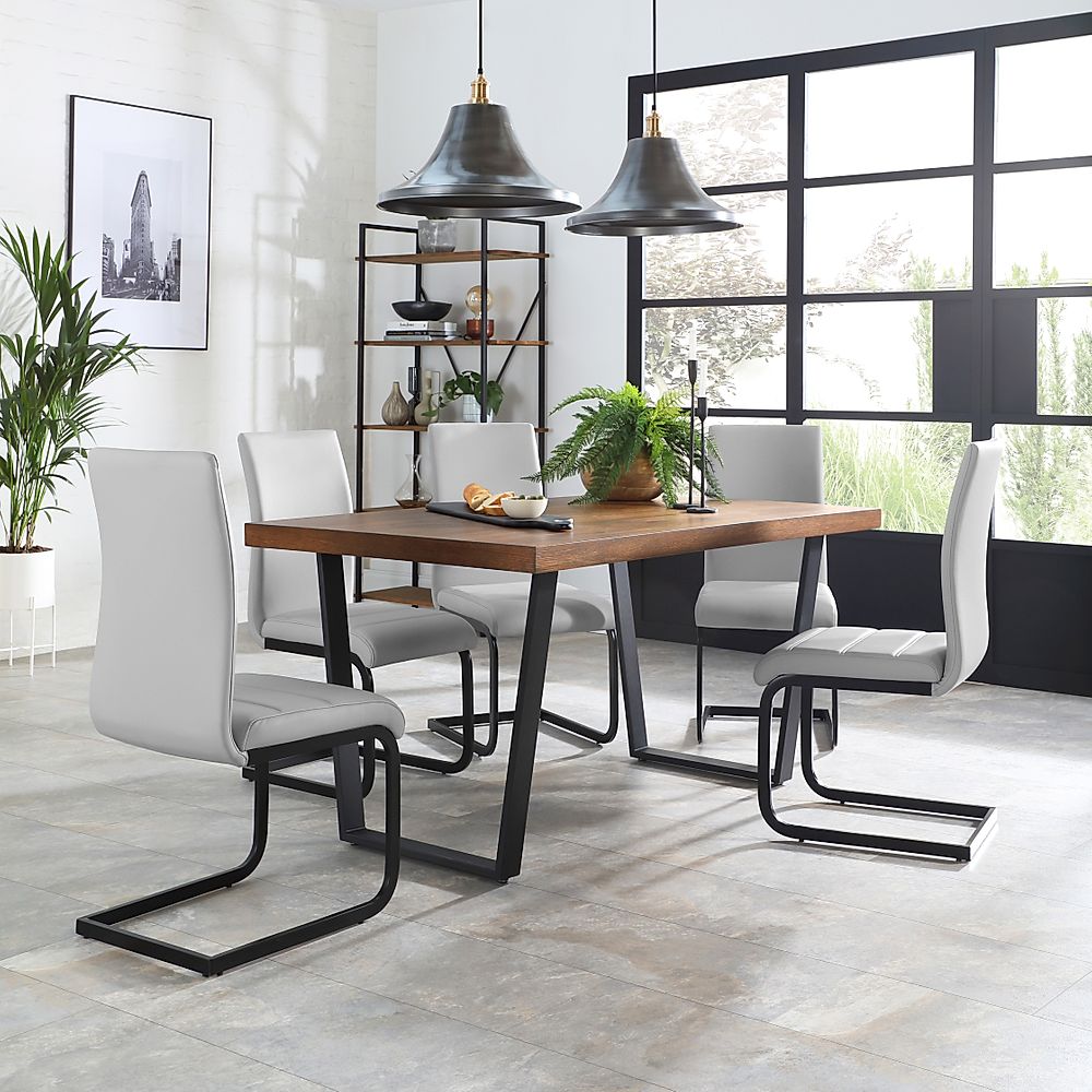 Addison Industrial Dining Table & 4 Perth Chairs, Dark Oak Veneer & Black Steel, Light Grey Classic Faux Leather, 150cm