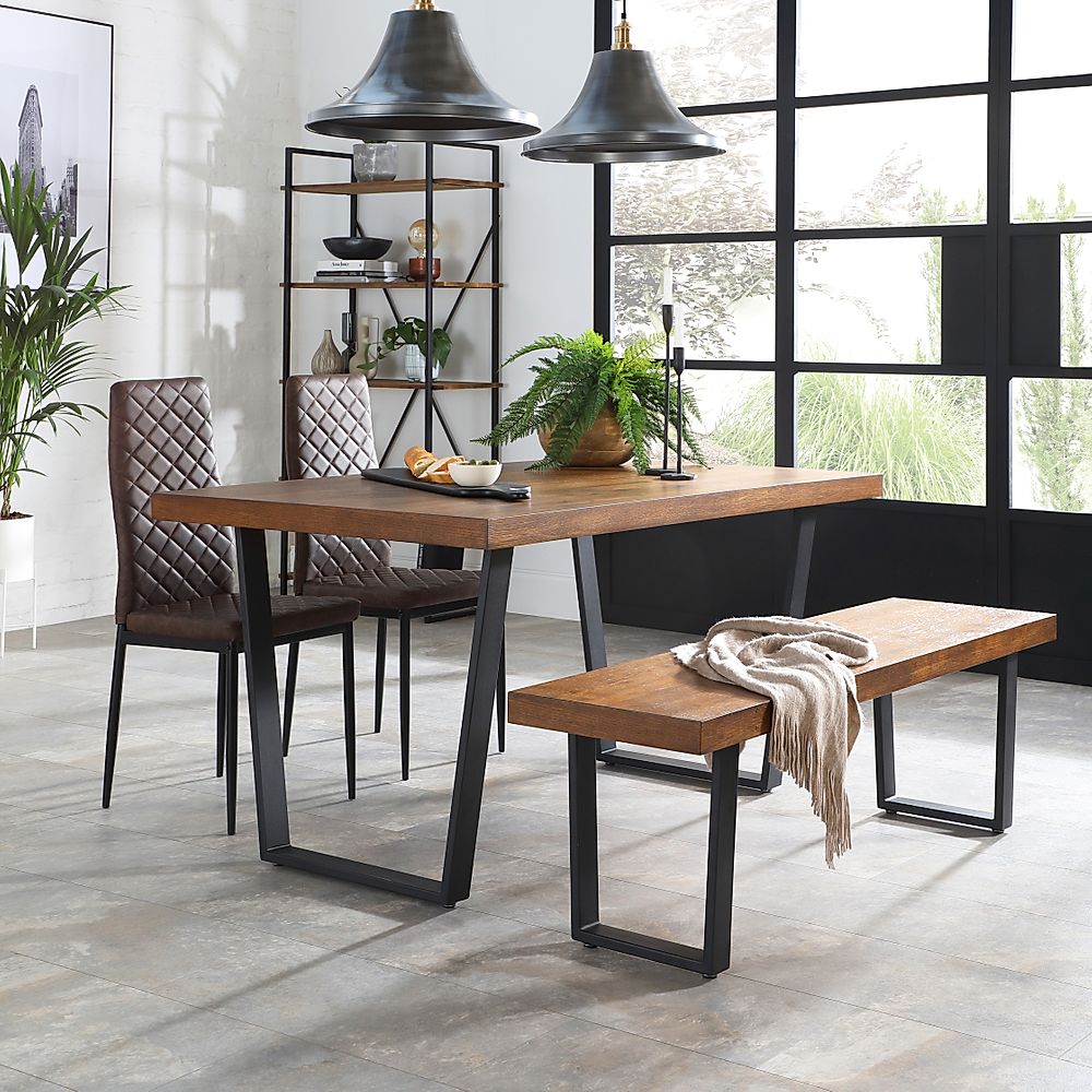 Addison Industrial Dining Table, Bench & 2 Renzo Chairs, Dark Oak Veneer & Black Steel, Vintage Brown Classic Faux Leather, 150cm