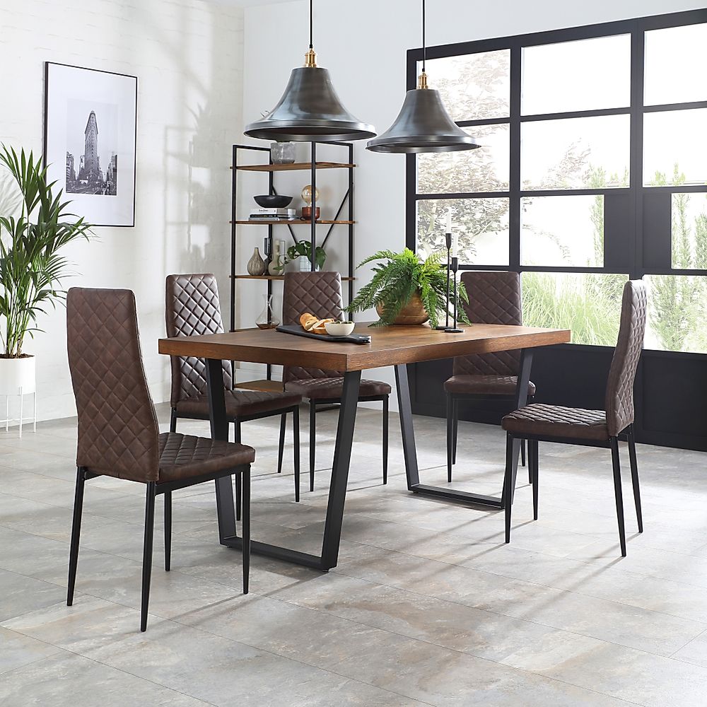 Addison Industrial Dining Table & 4 Renzo Chairs, Dark Oak Veneer & Black Steel, Vintage Brown Classic Faux Leather, 150cm