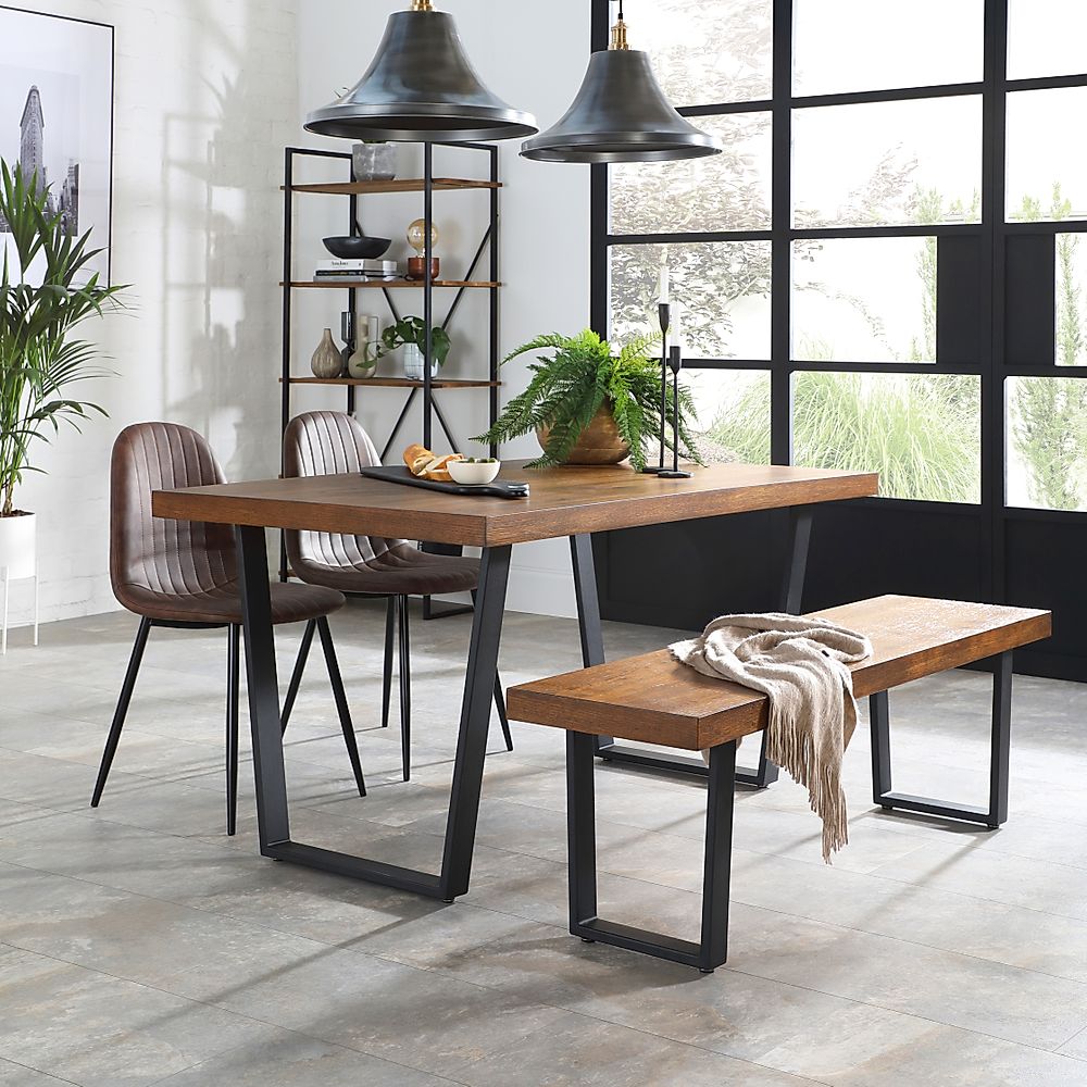 Addison Industrial Dining Table, Bench & 2 Brooklyn Chairs, Dark Oak Veneer & Black Steel, Vintage Brown Classic Faux Leather, 150cm