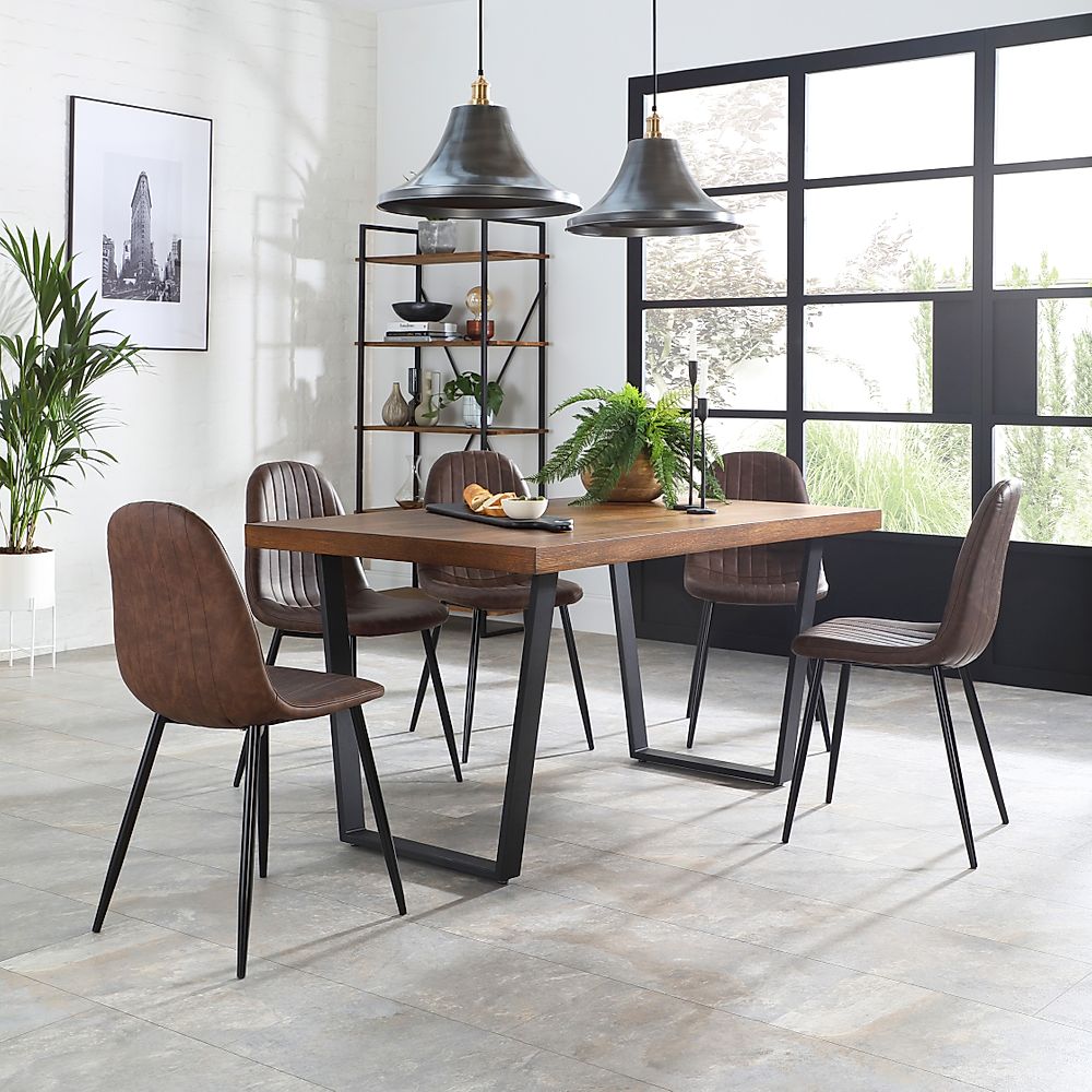 Addison Industrial Dining Table & 4 Brooklyn Chairs, Dark Oak Veneer & Black Steel, Vintage Brown Classic Faux Leather, 150cm