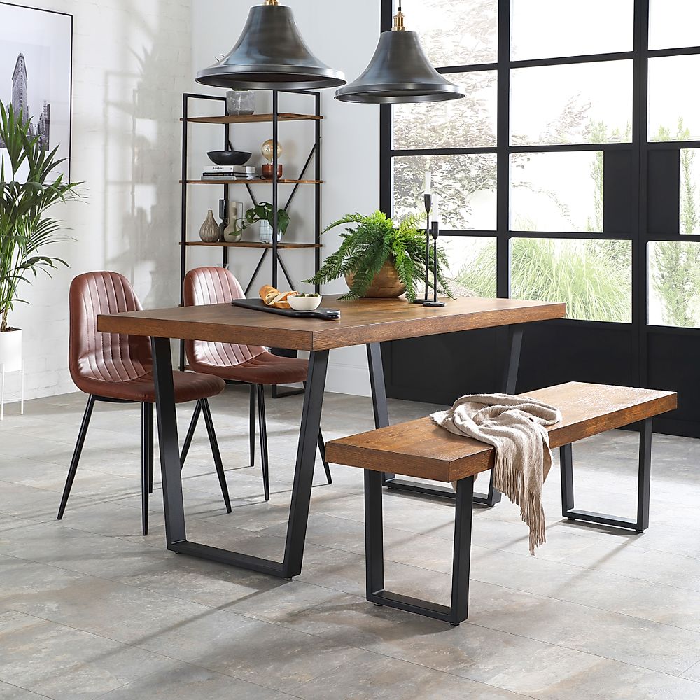 Addison Industrial Dining Table, Bench & 2 Brooklyn Chairs, Dark Oak Veneer & Black Steel, Tan Classic Faux Leather, 150cm