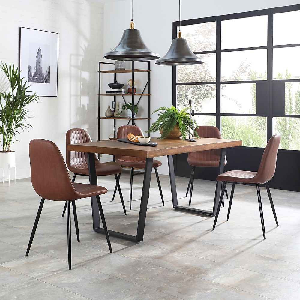 Addison Industrial Dining Table & 4 Brooklyn Chairs, Dark Oak Veneer & Black Steel, Tan Classic Faux Leather, 150cm