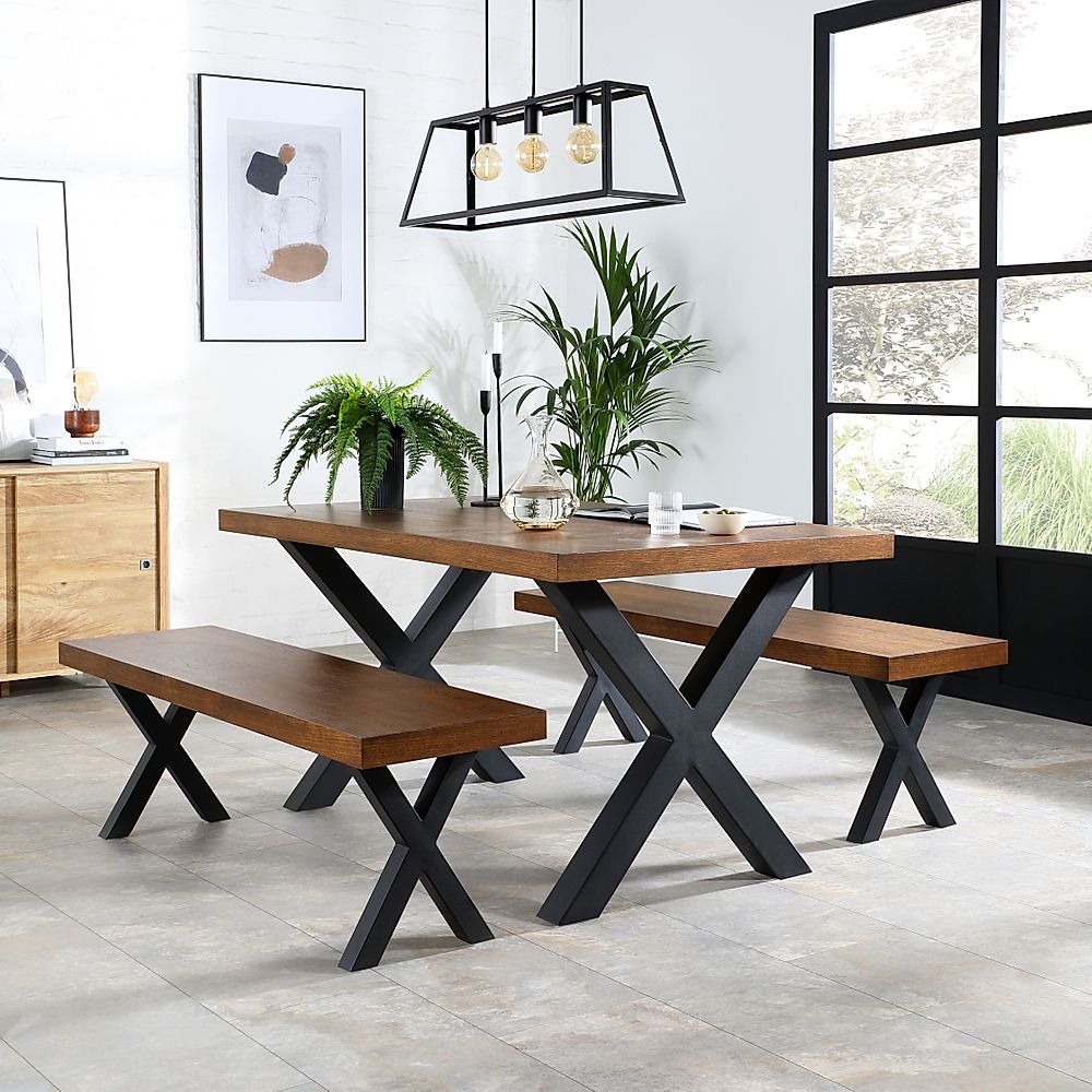 Franklin Industrial Dining Table & 2 Benches, Dark Oak Veneer & Black Steel, 150cm
