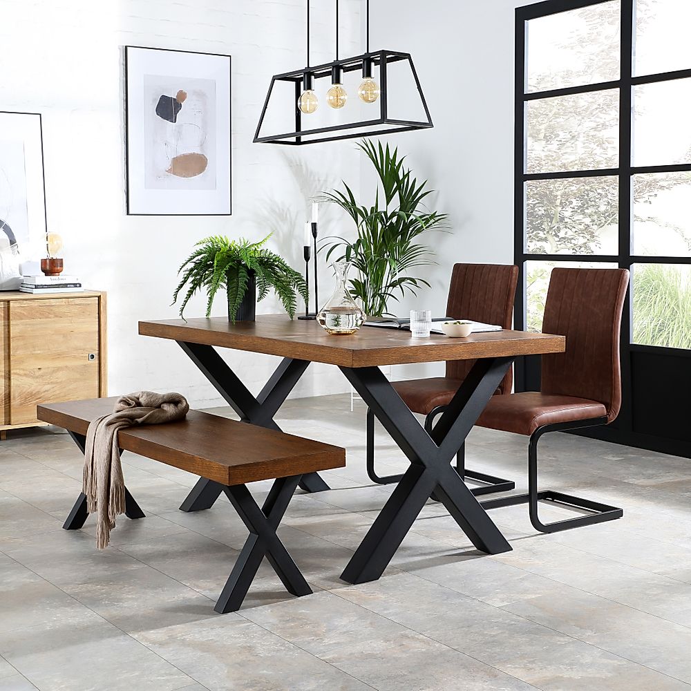 Franklin Industrial Dining Table, Bench & 2 Perth Chairs, Dark Oak Veneer & Black Steel, Tan Classic Faux Leather, 150cm