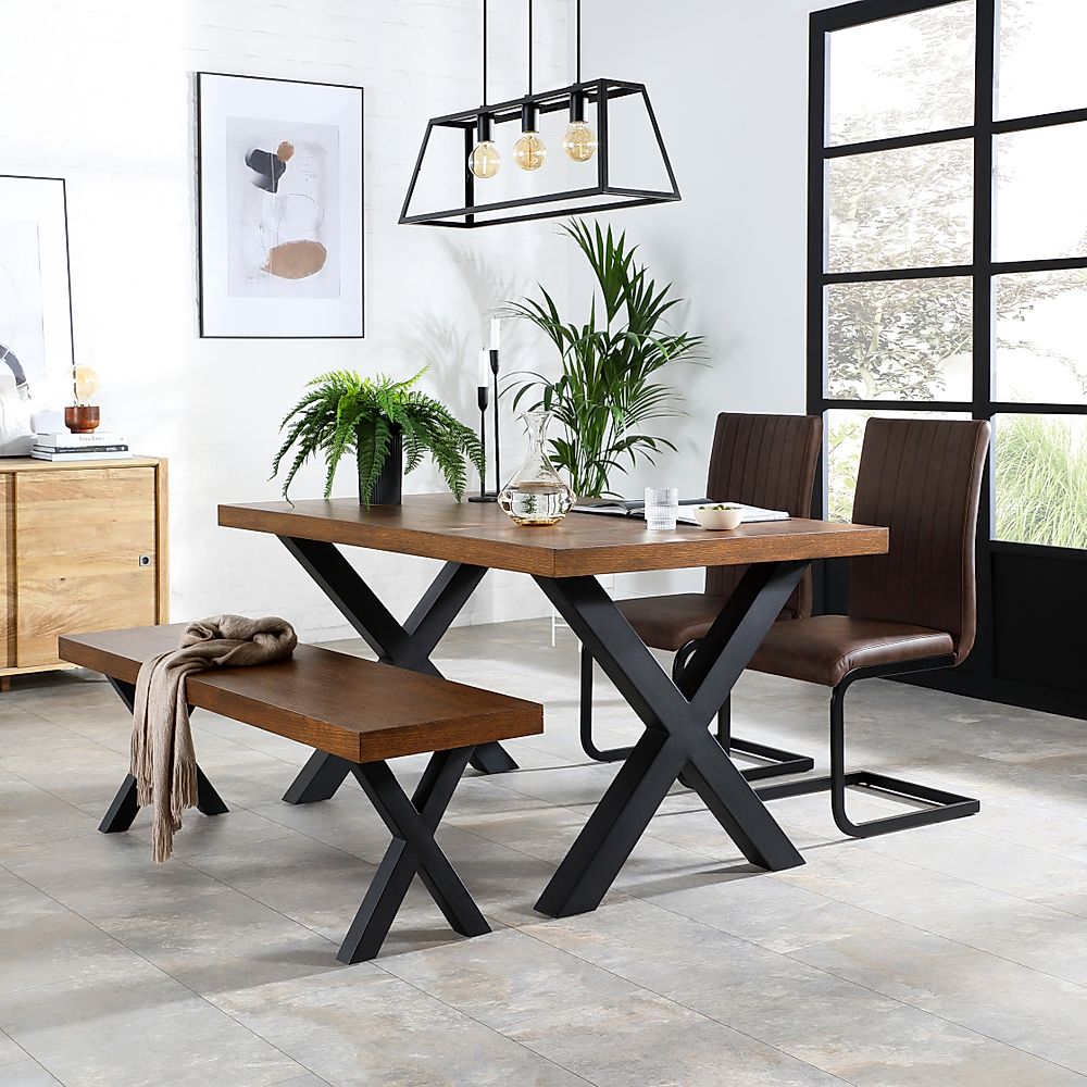 Franklin Industrial Dining Table, Bench & 2 Perth Chairs, Dark Oak Veneer & Black Steel, Vintage Brown Classic Faux Leather, 150cm