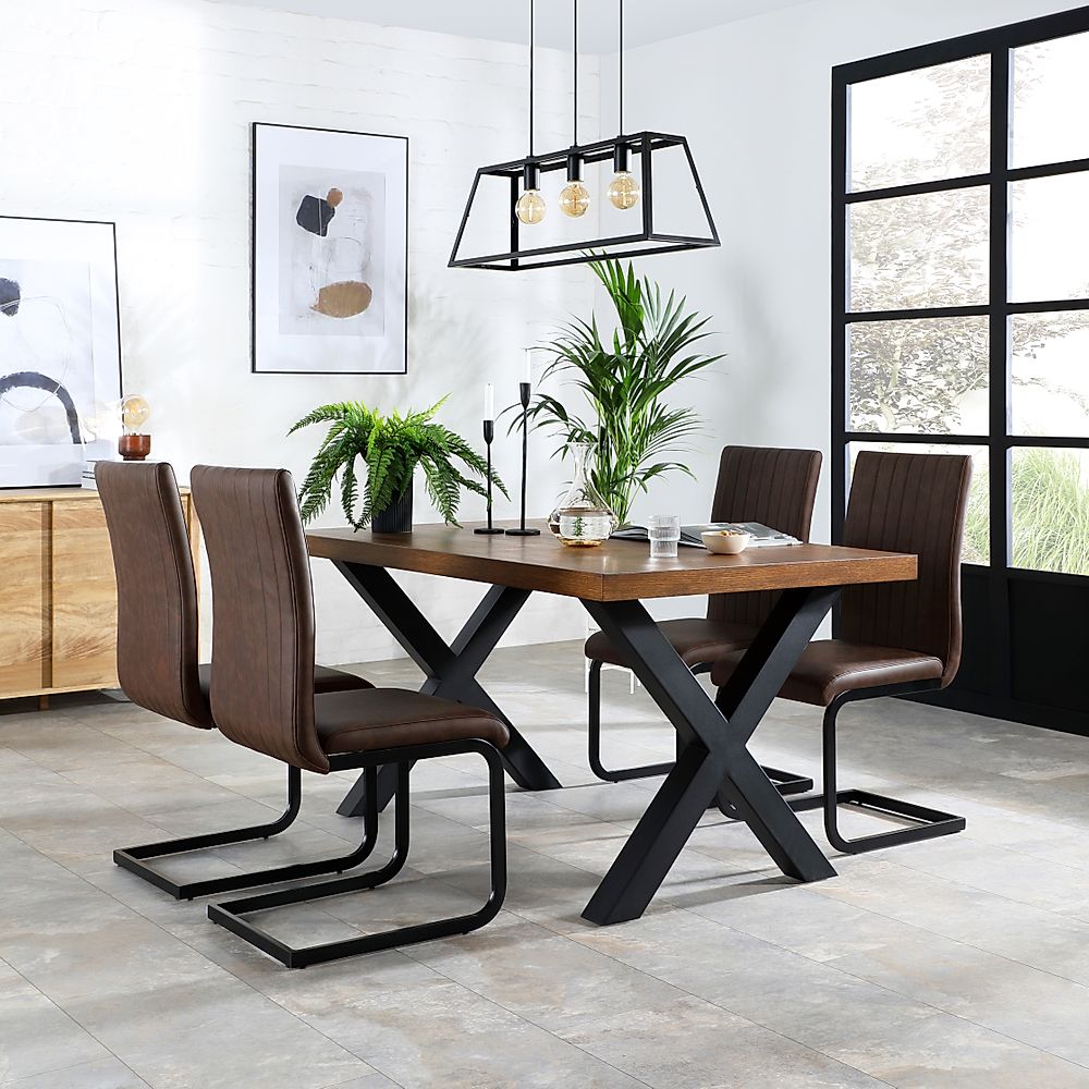 Franklin Industrial Dining Table & 4 Perth Chairs, Dark Oak Veneer & Black Steel, Vintage Brown Classic Faux Leather, 150cm