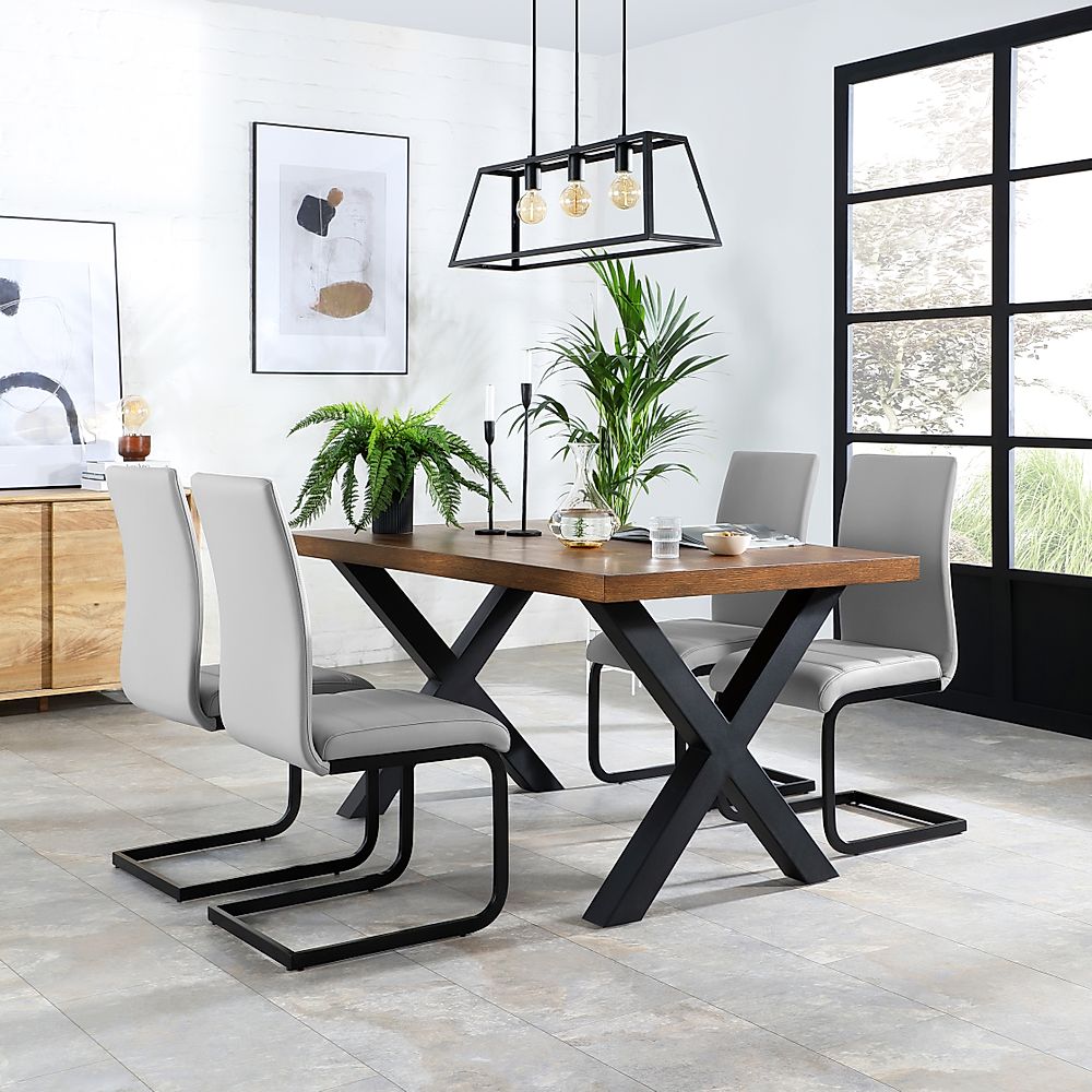 Franklin Industrial Dining Table & 4 Perth Chairs, Dark Oak Veneer & Black Steel, Light Grey Classic Faux Leather, 150cm
