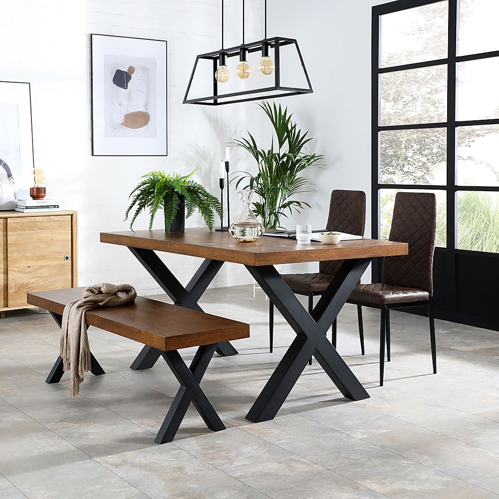 Franklin Industrial Dining Table, Bench & 2 Renzo Chairs, Dark Oak Veneer & Black Steel, Vintage Brown Classic Faux Leather, 150cm