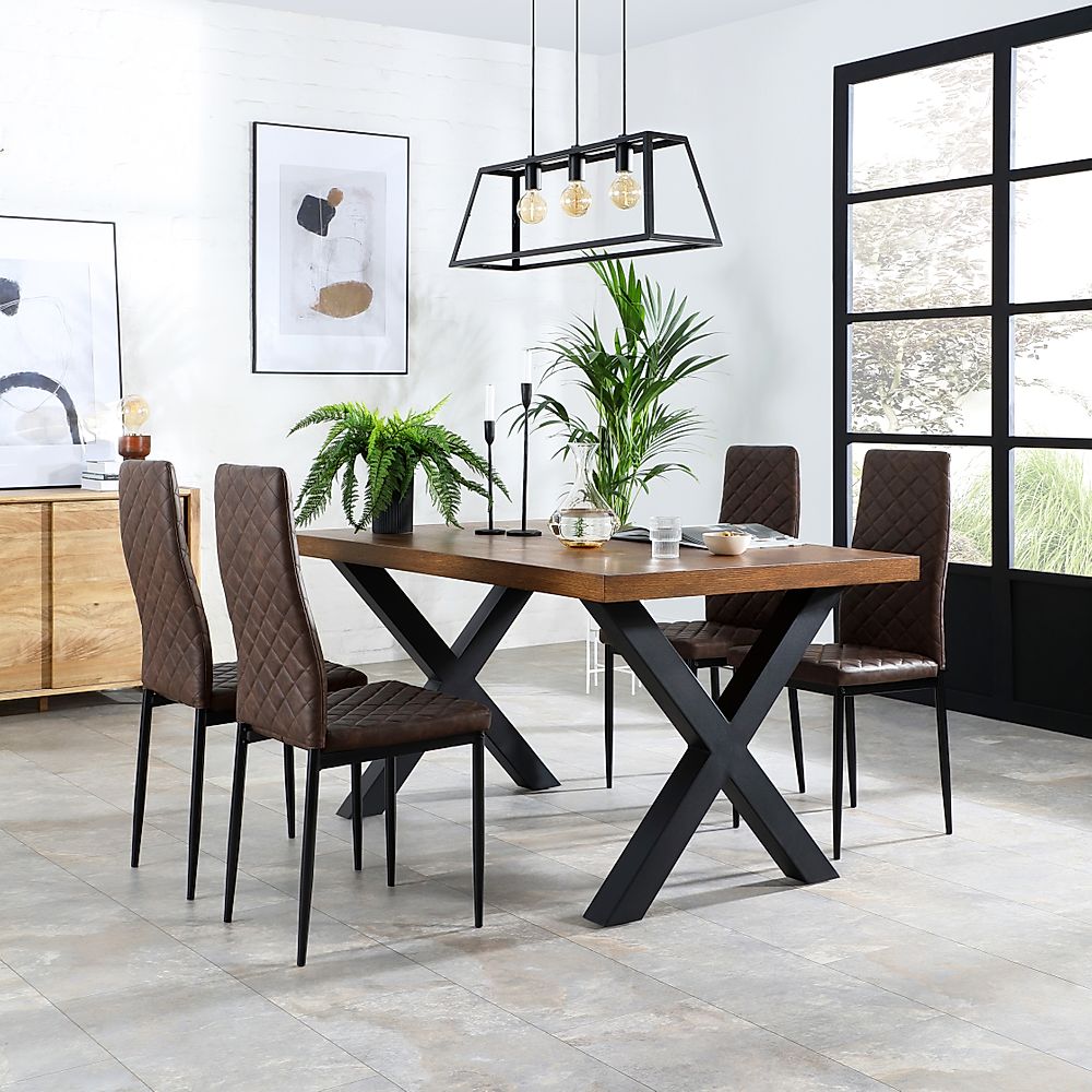 Franklin Industrial Dining Table & 4 Renzo Chairs, Dark Oak Veneer & Black Steel, Vintage Brown Classic Faux Leather, 150cm