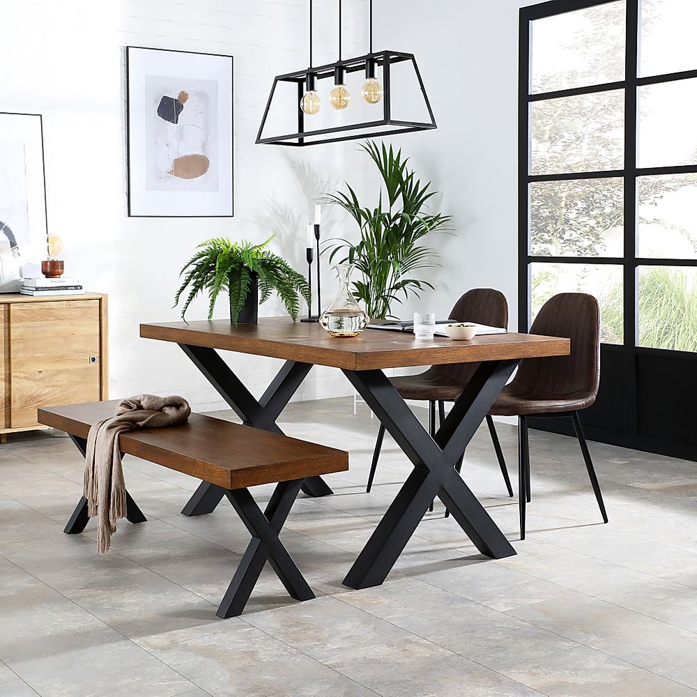 Franklin Industrial Dining Table, Bench & 2 Brooklyn Chairs, Dark Oak Veneer & Black Steel, Vintage Brown Classic Faux Leather, 150cm