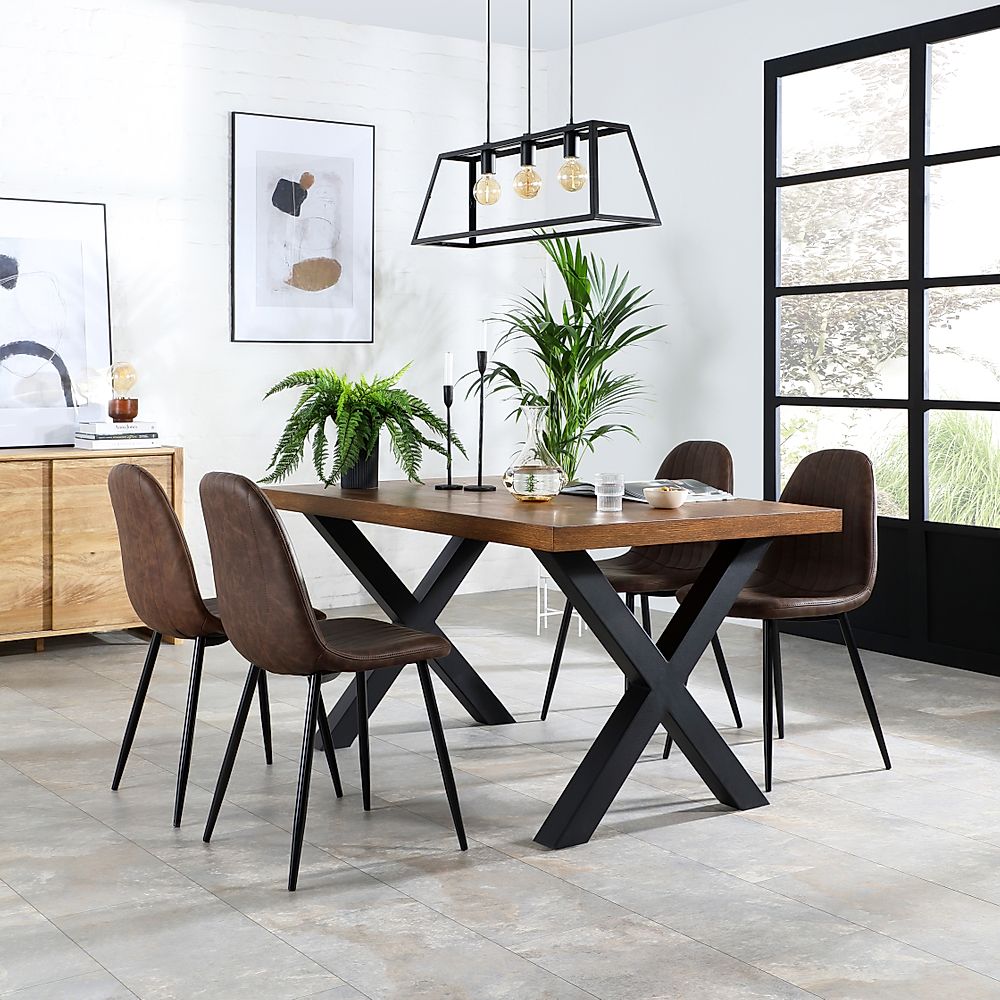 Franklin Industrial Dining Table & 4 Brooklyn Chairs, Dark Oak Veneer & Black Steel, Vintage Brown Classic Faux Leather, 150cm