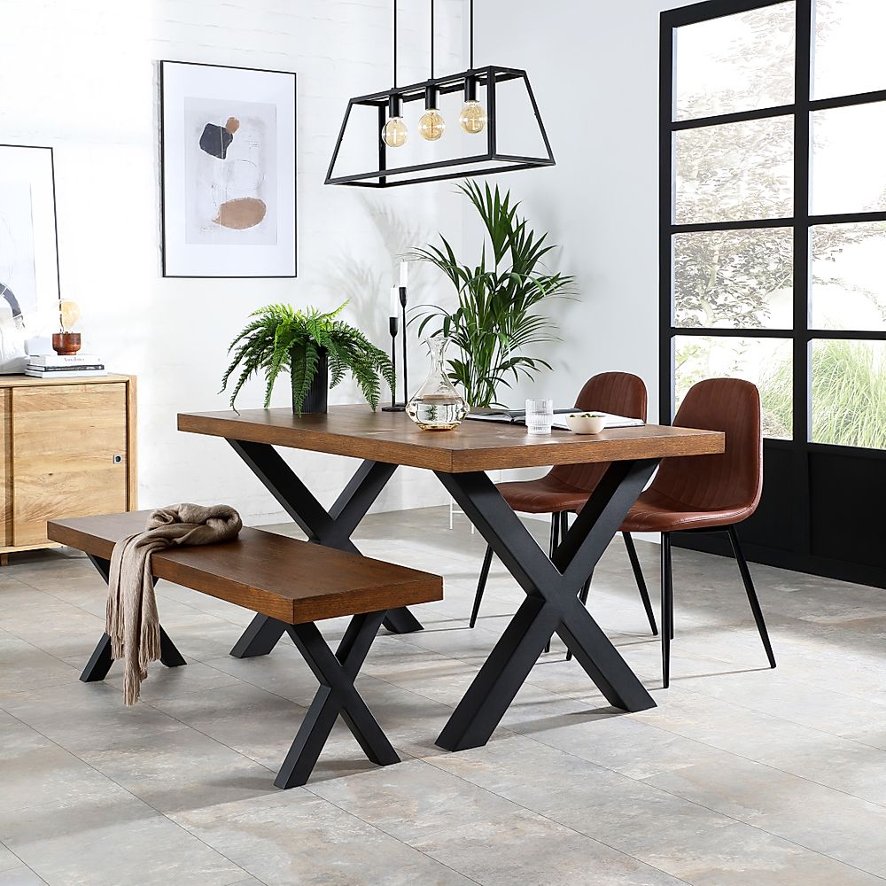 Franklin Industrial Dining Table, Bench & 2 Brooklyn Chairs, Dark Oak Veneer & Black Steel, Tan Classic Faux Leather, 150cm