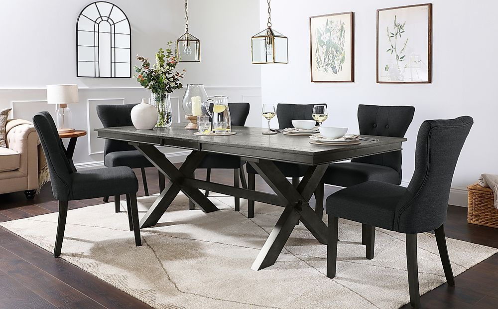 Grange Extending Dining Table & 4 Bewley Chairs, Grey Oak Veneer & Solid Hardwood, Slate Grey Classic Linen-Weave Fabric & Grey Solid Hardwood, 180-220cm