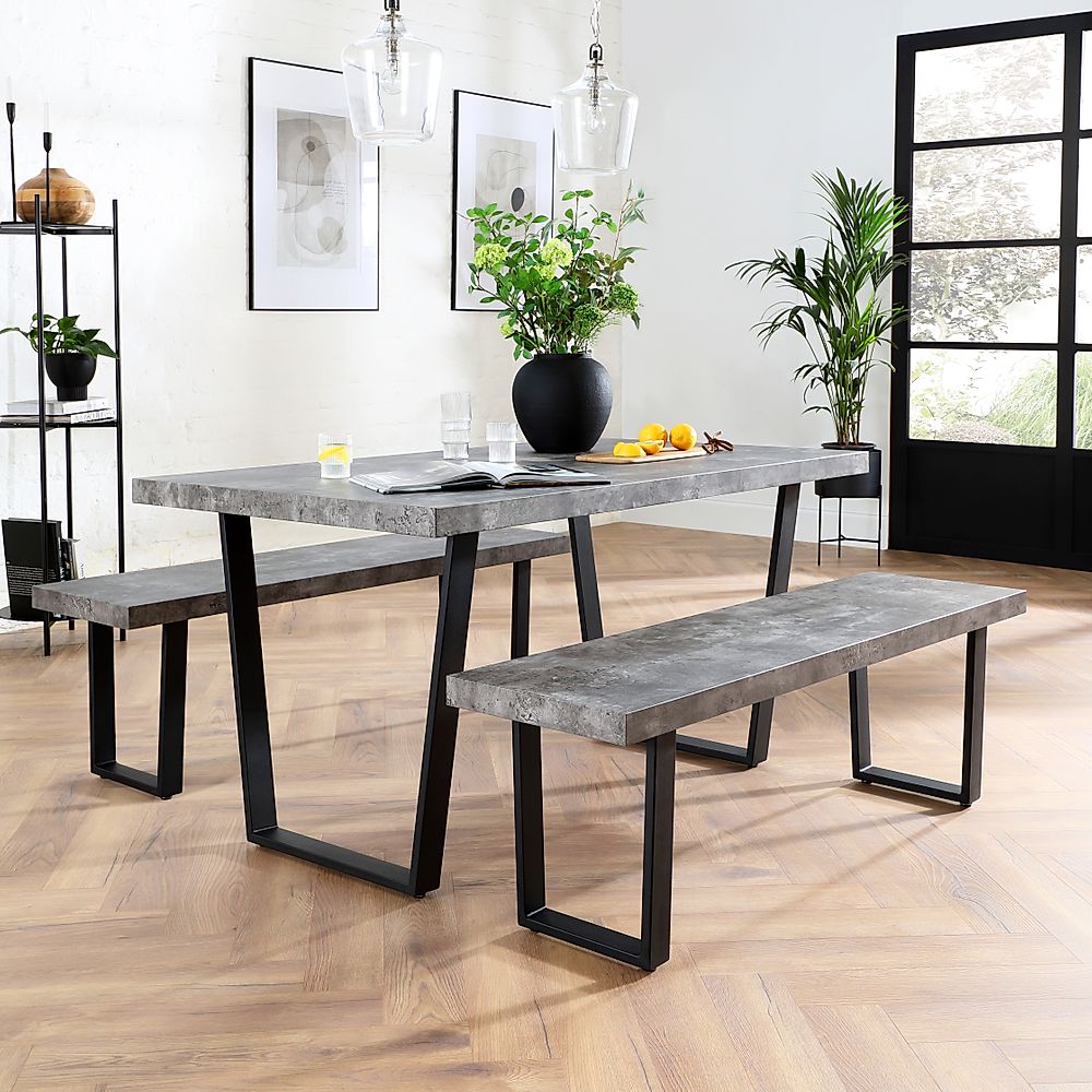 Addison Industrial Dining Table & 2 Benches, Grey Concrete Effect & Black Steel, 150cm