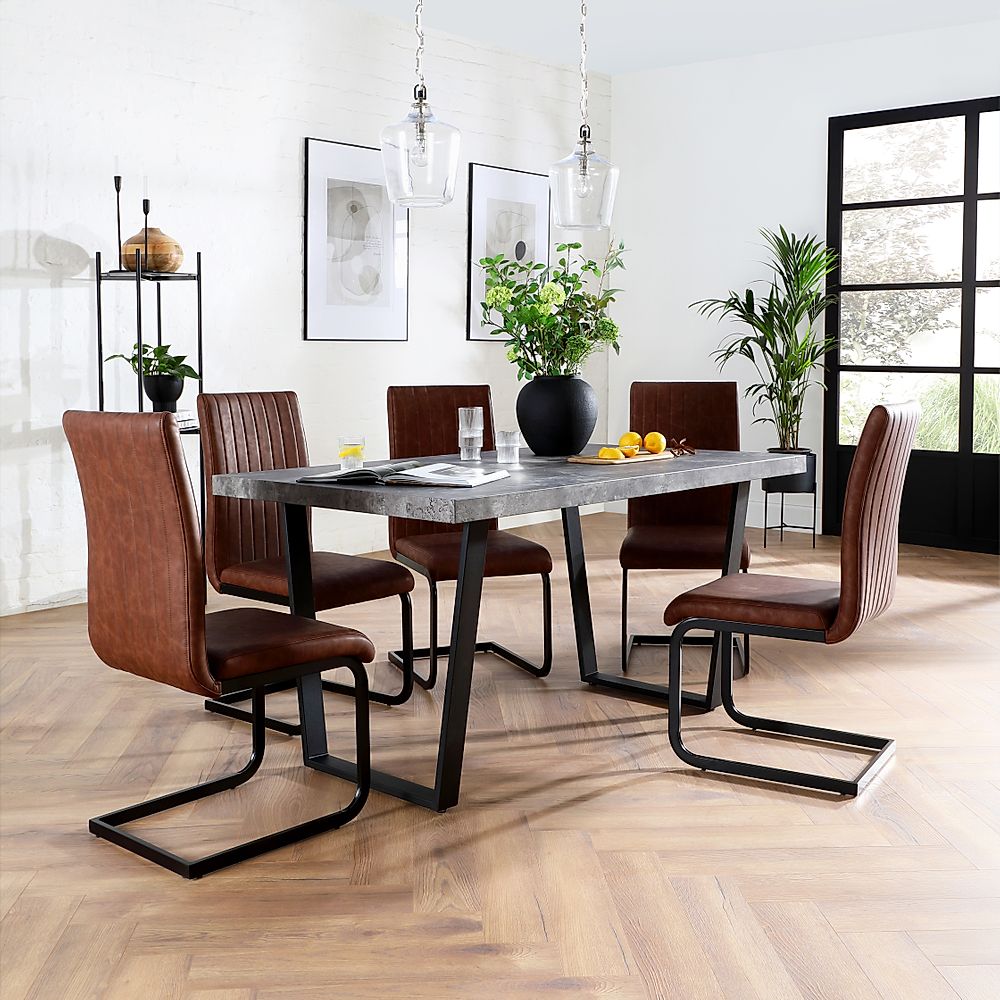 Addison Industrial Dining Table & 6 Perth Chairs, Grey Concrete Effect & Black Steel, Tan Classic Faux Leather, 150cm