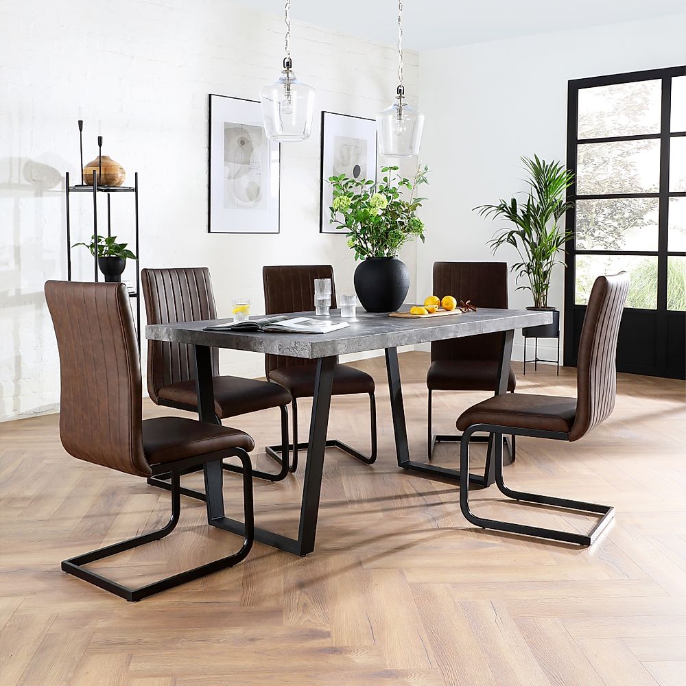 Addison Industrial Dining Table & 4 Perth Chairs, Grey Concrete Effect & Black Steel, Vintage Brown Classic Faux Leather, 150cm