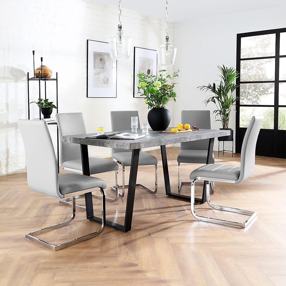 Addison Industrial Dining Table & 6 Perth Chairs, Grey Concrete Effect & Black Steel, Light Grey Classic Faux Leather & Chrome, 150cm