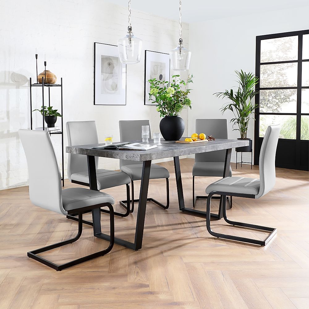 Addison Industrial Dining Table & 4 Perth Chairs, Grey Concrete Effect & Black Steel, Light Grey Classic Faux Leather, 150cm