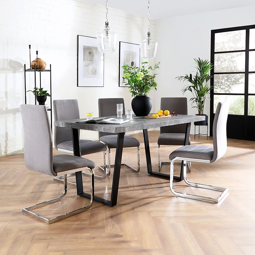 Addison Industrial Dining Table & 6 Perth Chairs, Grey Concrete Effect & Black Steel, Grey Classic Velvet & Chrome, 150cm