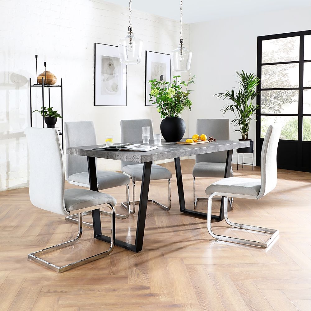 Addison Industrial Dining Table & 4 Perth Chairs, Grey Concrete Effect & Black Steel, Dove Grey Classic Plush Fabric & Chrome, 150cm