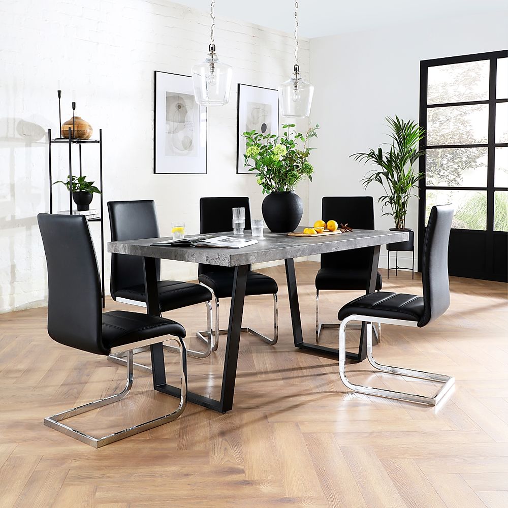 Addison Industrial Dining Table & 4 Perth Chairs, Grey Concrete Effect & Black Steel, Black Classic Faux Leather & Chrome, 150cm