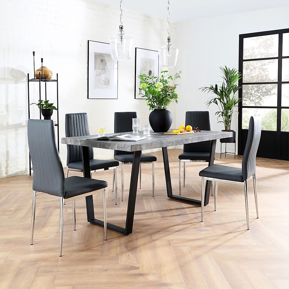 Addison Industrial Dining Table & 4 Leon Chairs, Grey Concrete Effect & Black Steel, Grey Classic Faux Leather & Chrome, 150cm