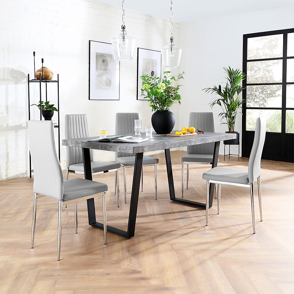 Addison Industrial Dining Table & 6 Leon Chairs, Grey Concrete Effect & Black Steel, Light Grey Classic Faux Leather & Chrome, 150cm