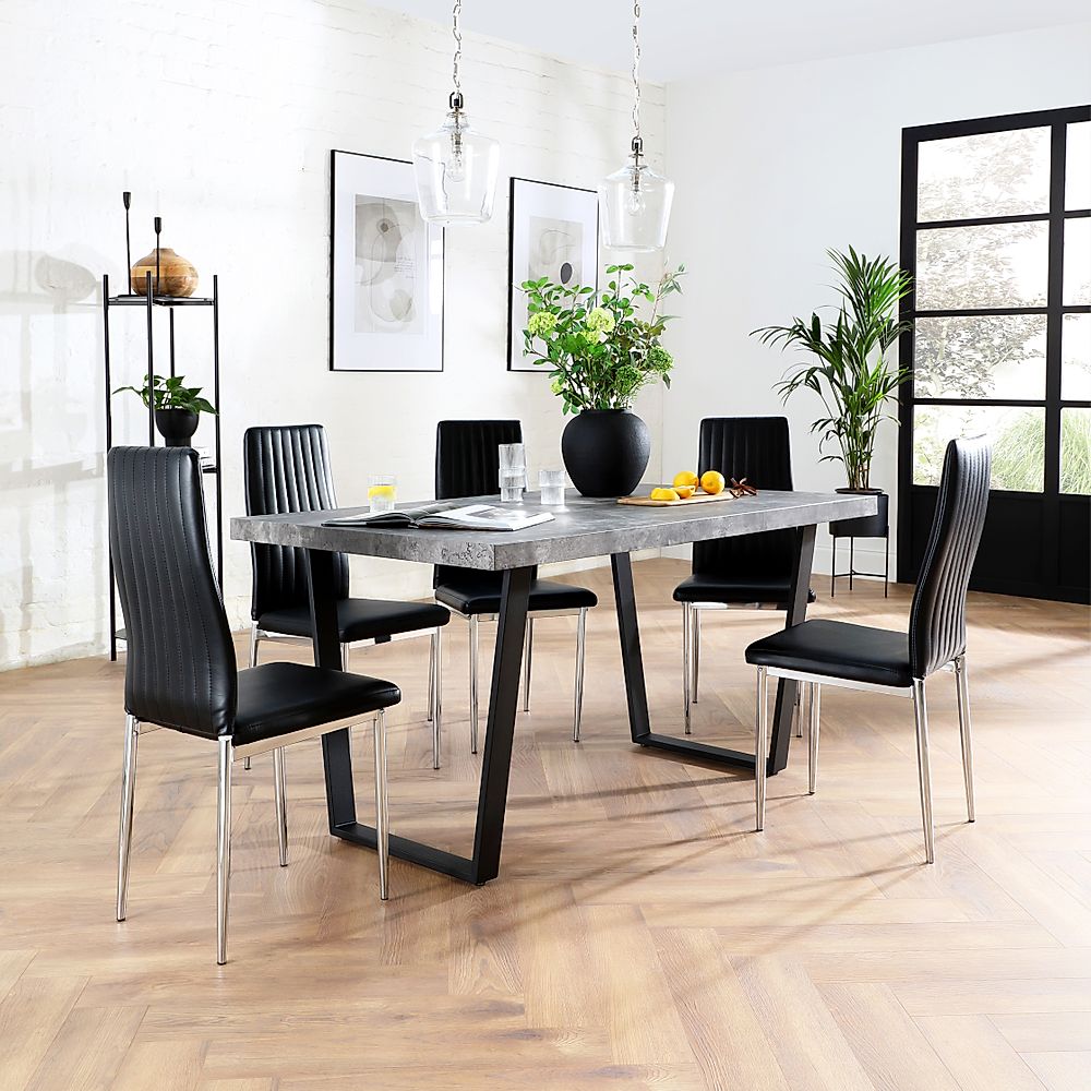 Addison Industrial Dining Table & 4 Leon Chairs, Grey Concrete Effect & Black Steel, Black Classic Faux Leather & Chrome, 150cm