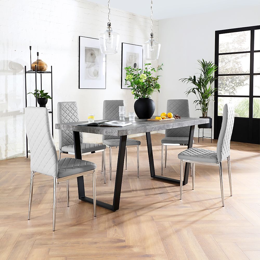 Addison Industrial Dining Table & 4 Renzo Chairs, Grey Concrete Effect & Black Steel, Light Grey Classic Faux Leather & Chrome, 150cm