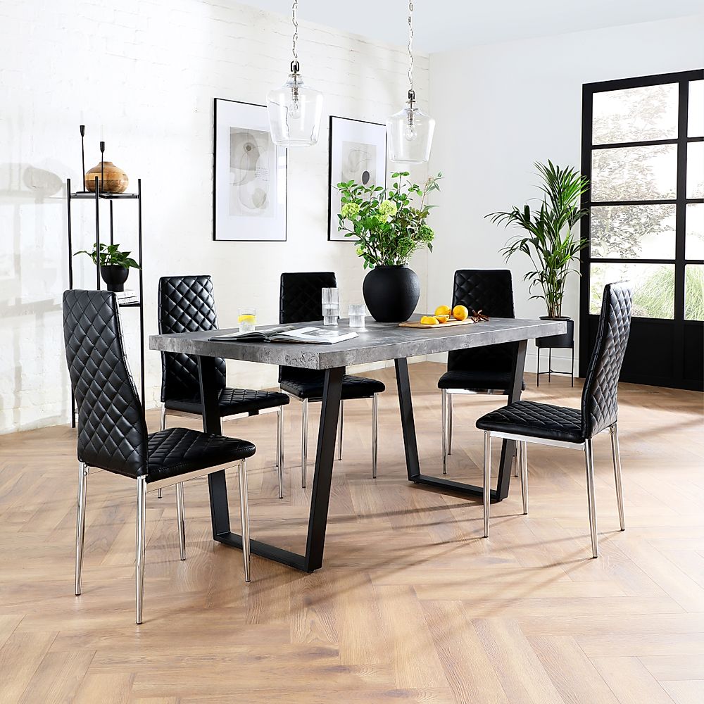 Addison Industrial Dining Table & 6 Renzo Chairs, Grey Concrete Effect & Black Steel, Black Classic Faux Leather & Chrome, 150cm