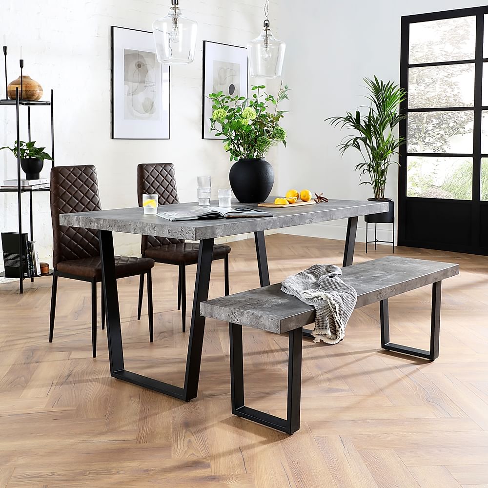 Addison Industrial Dining Table, Bench & 2 Renzo Chairs, Grey Concrete Effect & Black Steel, Vintage Brown Classic Faux Leather, 150cm