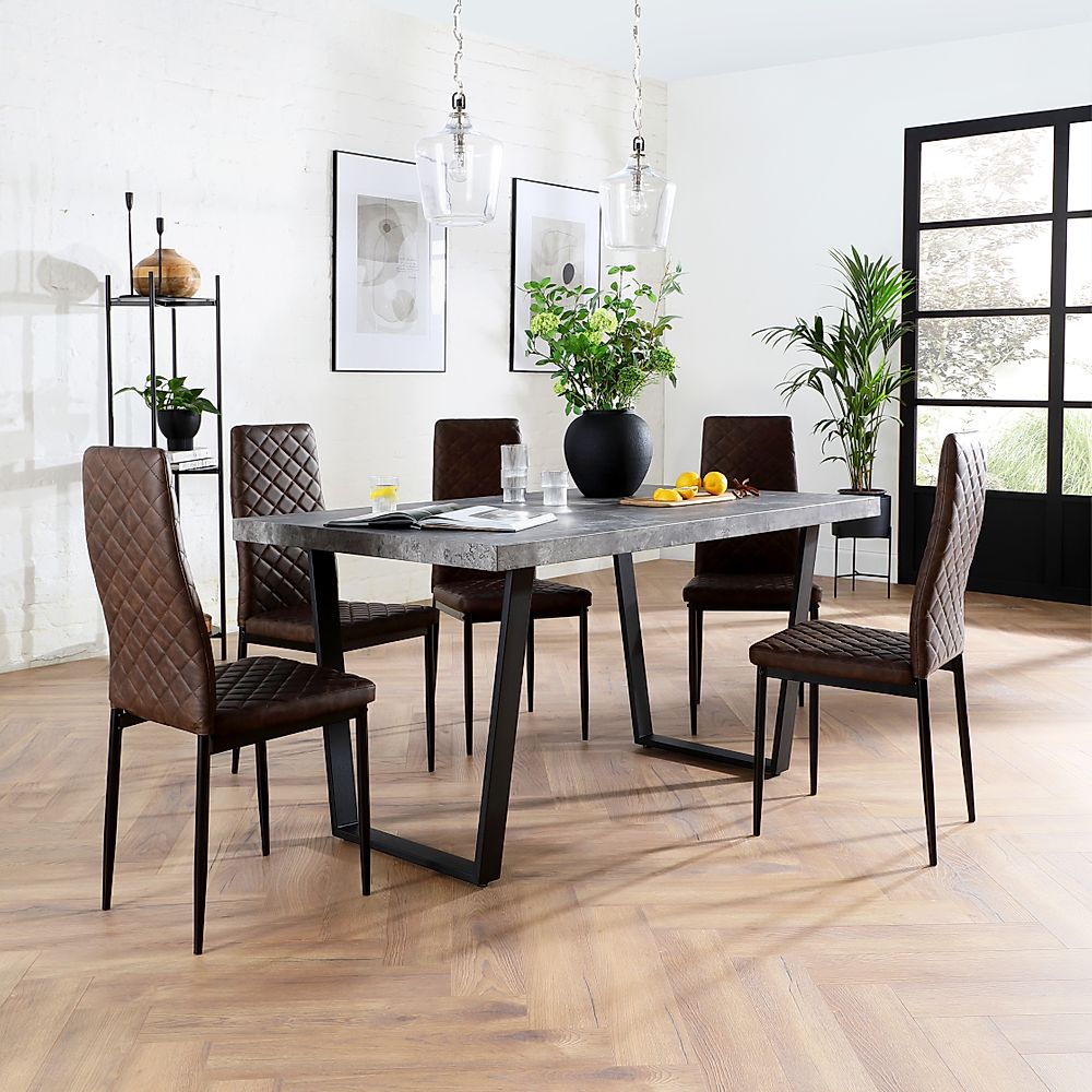 Addison Industrial Dining Table & 4 Renzo Chairs, Grey Concrete Effect & Black Steel, Vintage Brown Classic Faux Leather, 150cm