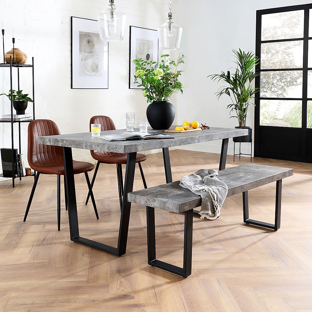 Addison Industrial Dining Table, Bench & 4 Brooklyn Chairs, Grey Concrete Effect & Black Steel, Tan Classic Faux Leather, 150cm