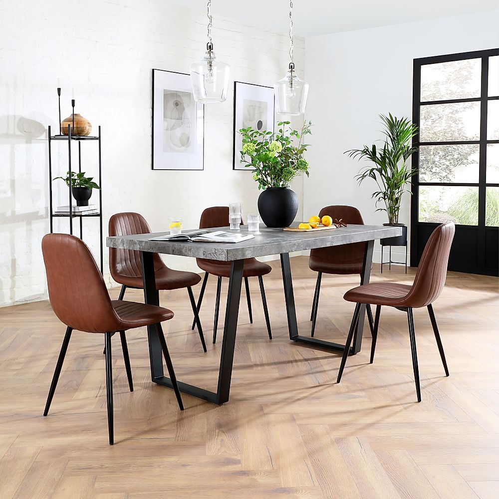 Addison Industrial Dining Table & 4 Brooklyn Chairs, Grey Concrete Effect & Black Steel, Tan Classic Faux Leather, 150cm