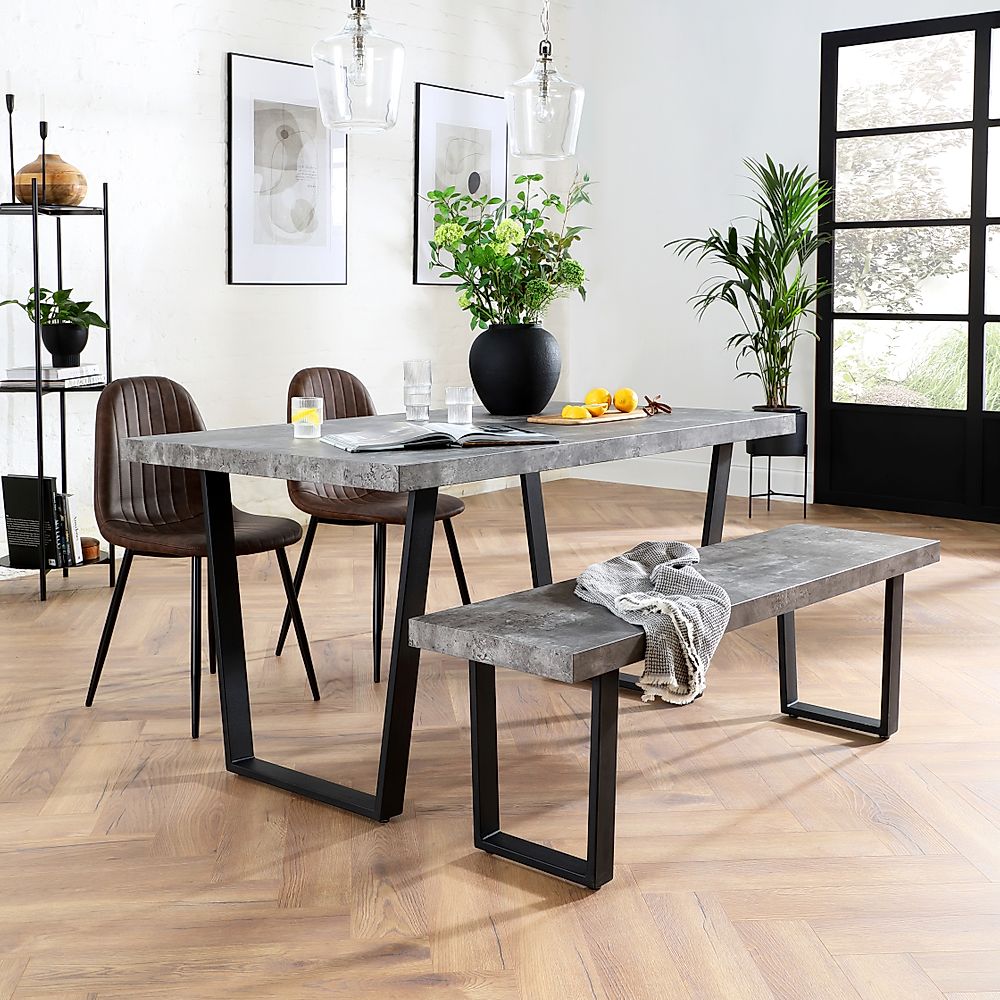 Addison Industrial Dining Table, Bench & 2 Brooklyn Chairs, Grey Concrete Effect & Black Steel, Vintage Brown Classic Faux Leather, 150cm