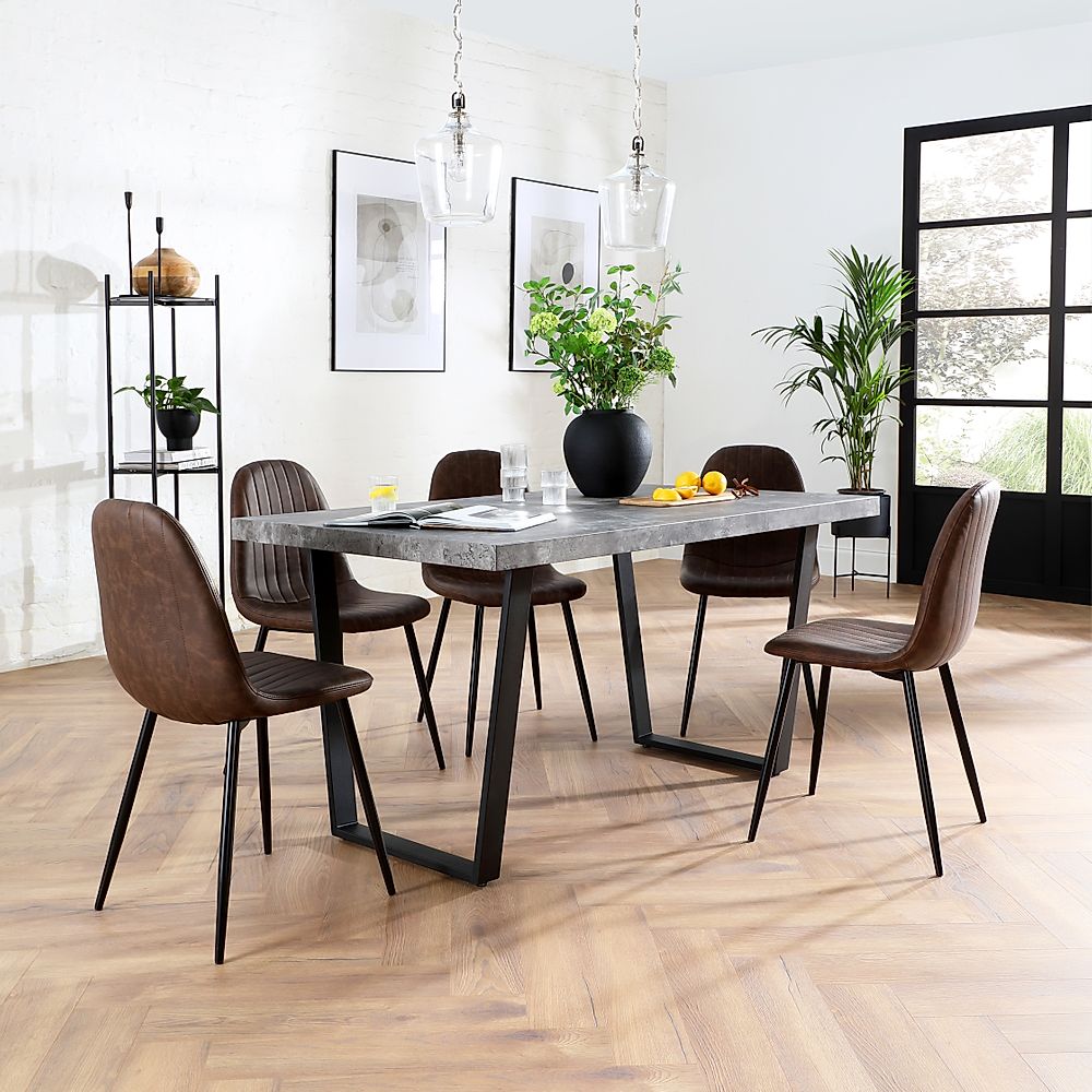 Addison Industrial Dining Table & 4 Brooklyn Chairs, Grey Concrete Effect & Black Steel, Vintage Brown Classic Faux Leather, 150cm