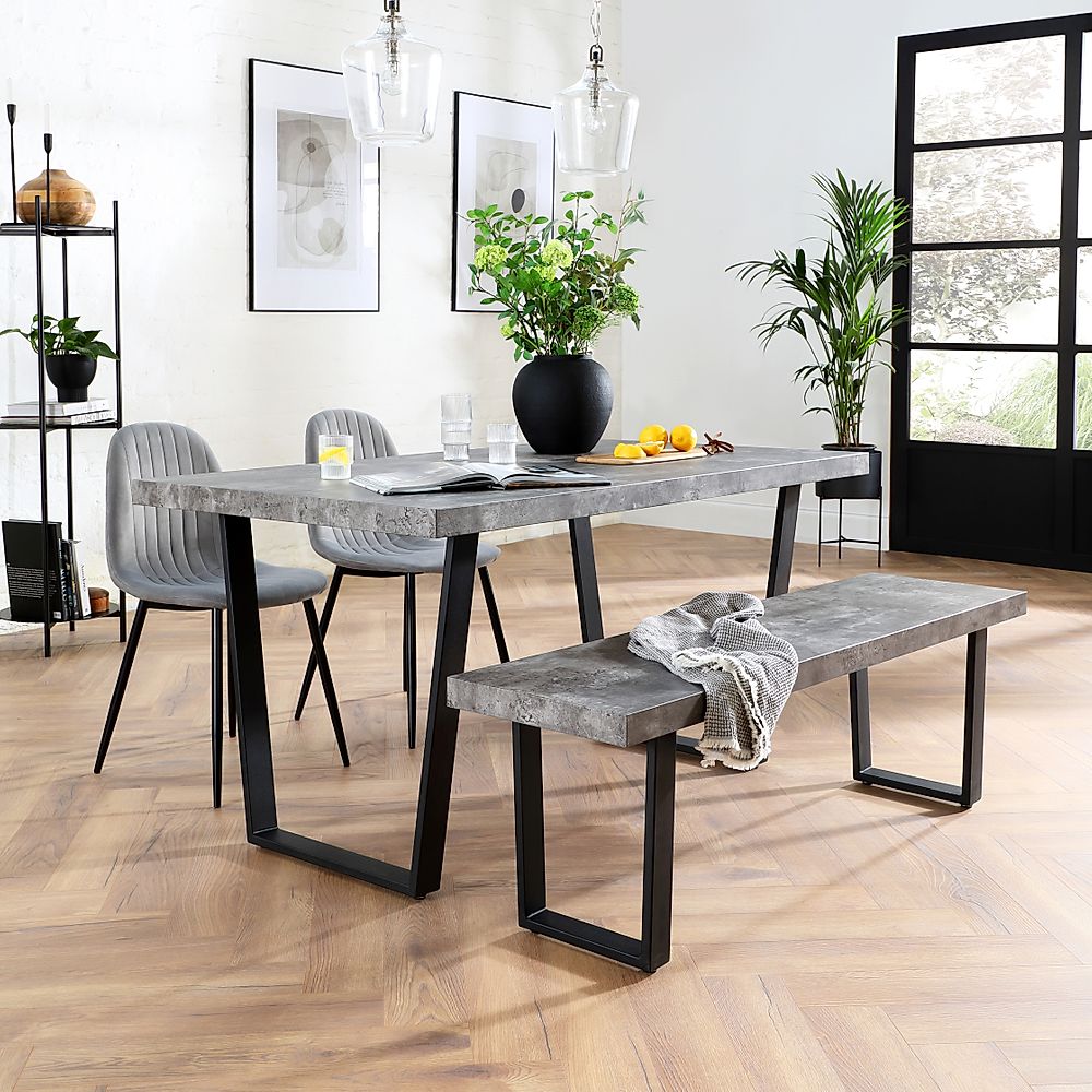 Addison Industrial Dining Table, Bench & 2 Brooklyn Chairs, Grey Concrete Effect & Black Steel, Grey Classic Velvet, 150cm