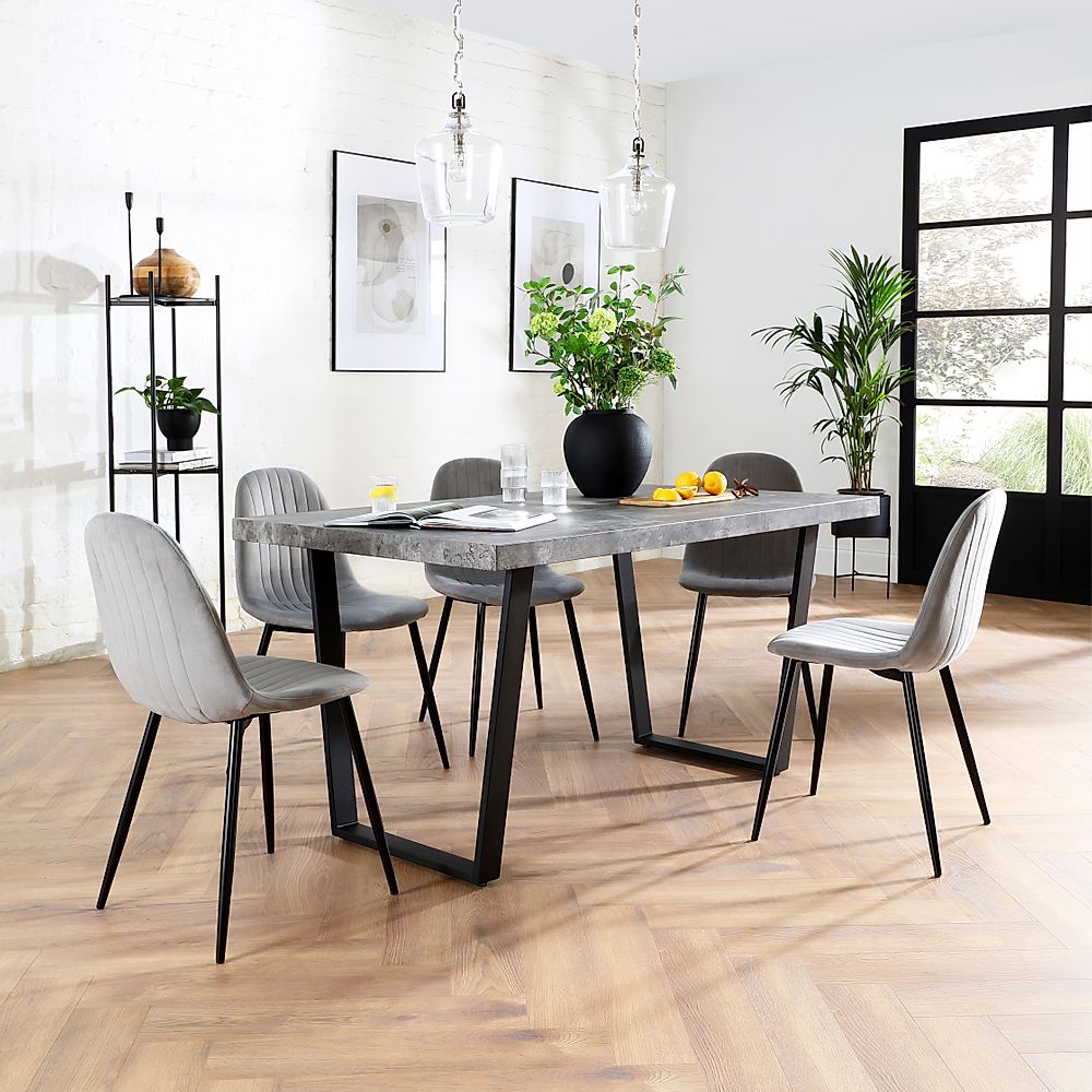 Addison Industrial Dining Table & 4 Brooklyn Chairs, Grey Concrete Effect & Black Steel, Grey Classic Velvet, 150cm