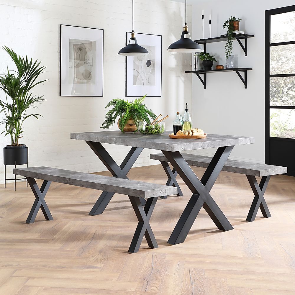 Franklin Industrial Dining Table & 2 Benches, Grey Concrete Effect & Black Steel, 150cm