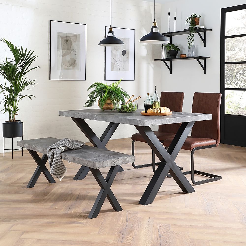 Franklin Industrial Dining Table, Bench & 2 Perth Chairs, Grey Concrete Effect & Black Steel, Tan Classic Faux Leather, 150cm
