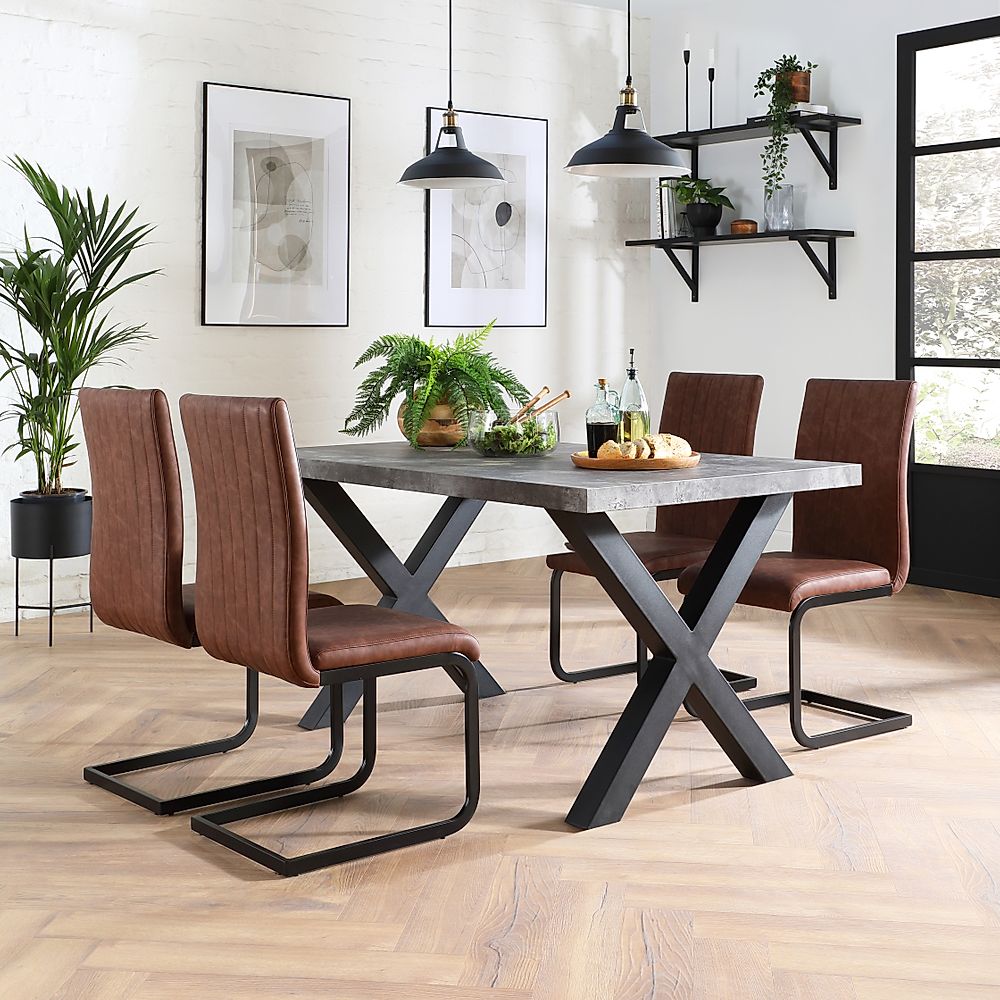 Franklin Industrial Dining Table & 4 Perth Chairs, Grey Concrete Effect & Black Steel, Tan Classic Faux Leather, 150cm